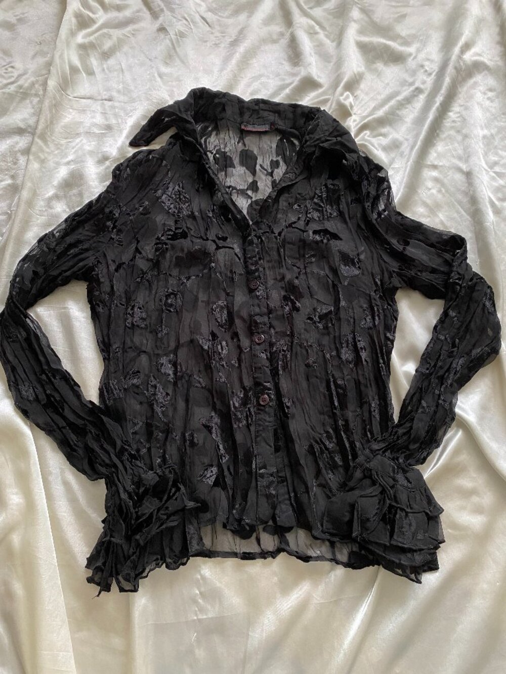 Vintage y2k Black Velvet Burnout Sheer Bell Sleeve Blouse Whimsygoth Fairy Sz 4